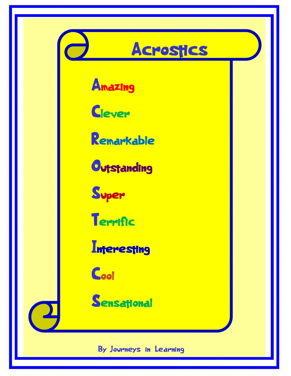 Cover showing an ACROSTICS example using Amazing, Clever, Remarkable, Outstanding and five more words