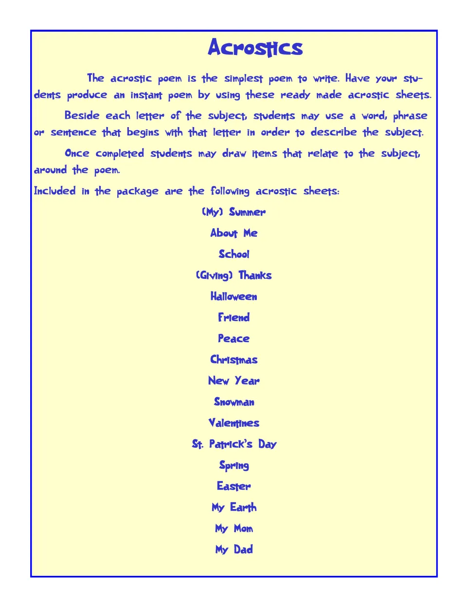 Acrostic writing directions explain using a word, phrase or sentence for each letter and list 17 topics
