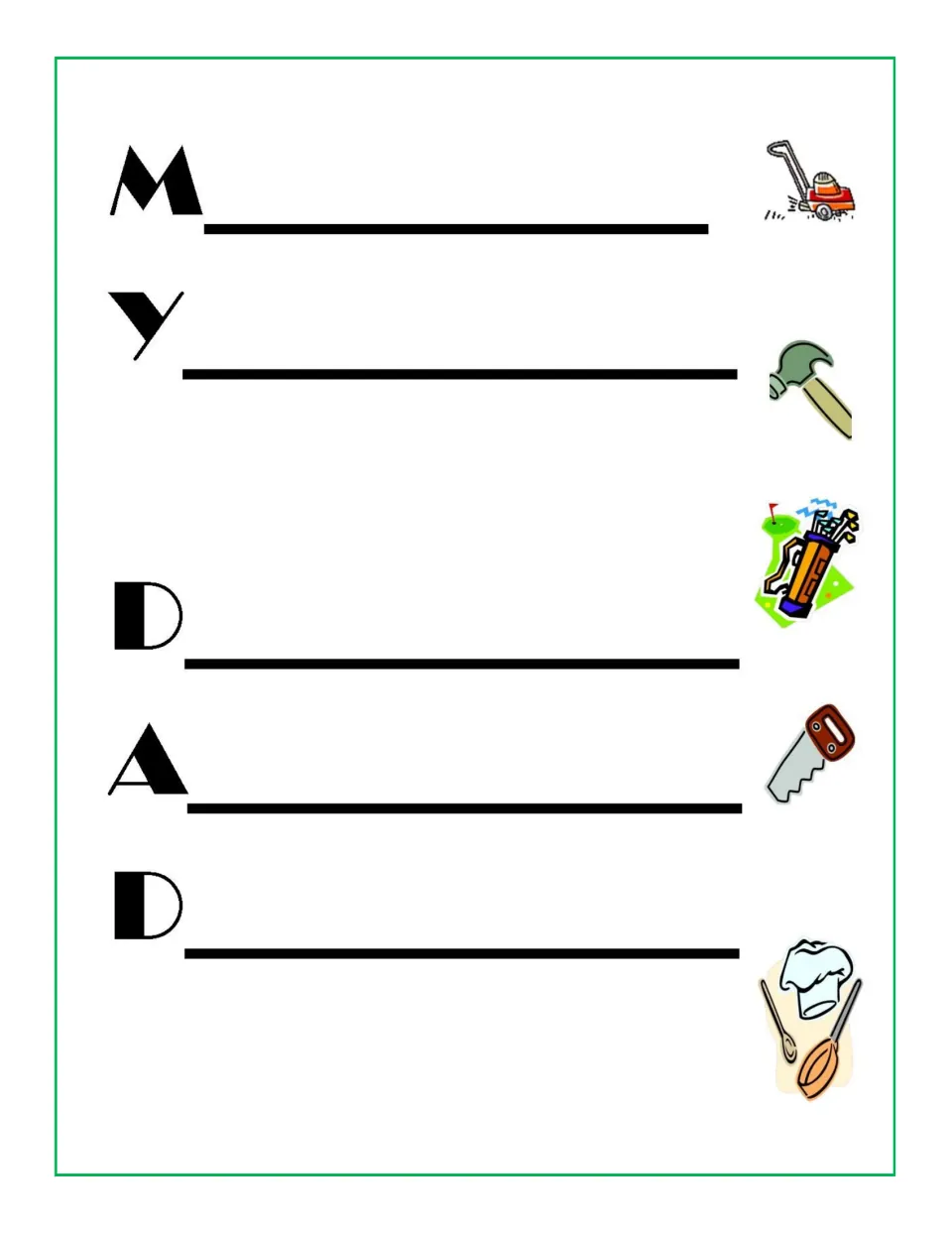 My Dad acrostic writing sheet provides the letters M, Y, D, A, D for students to describe their dad