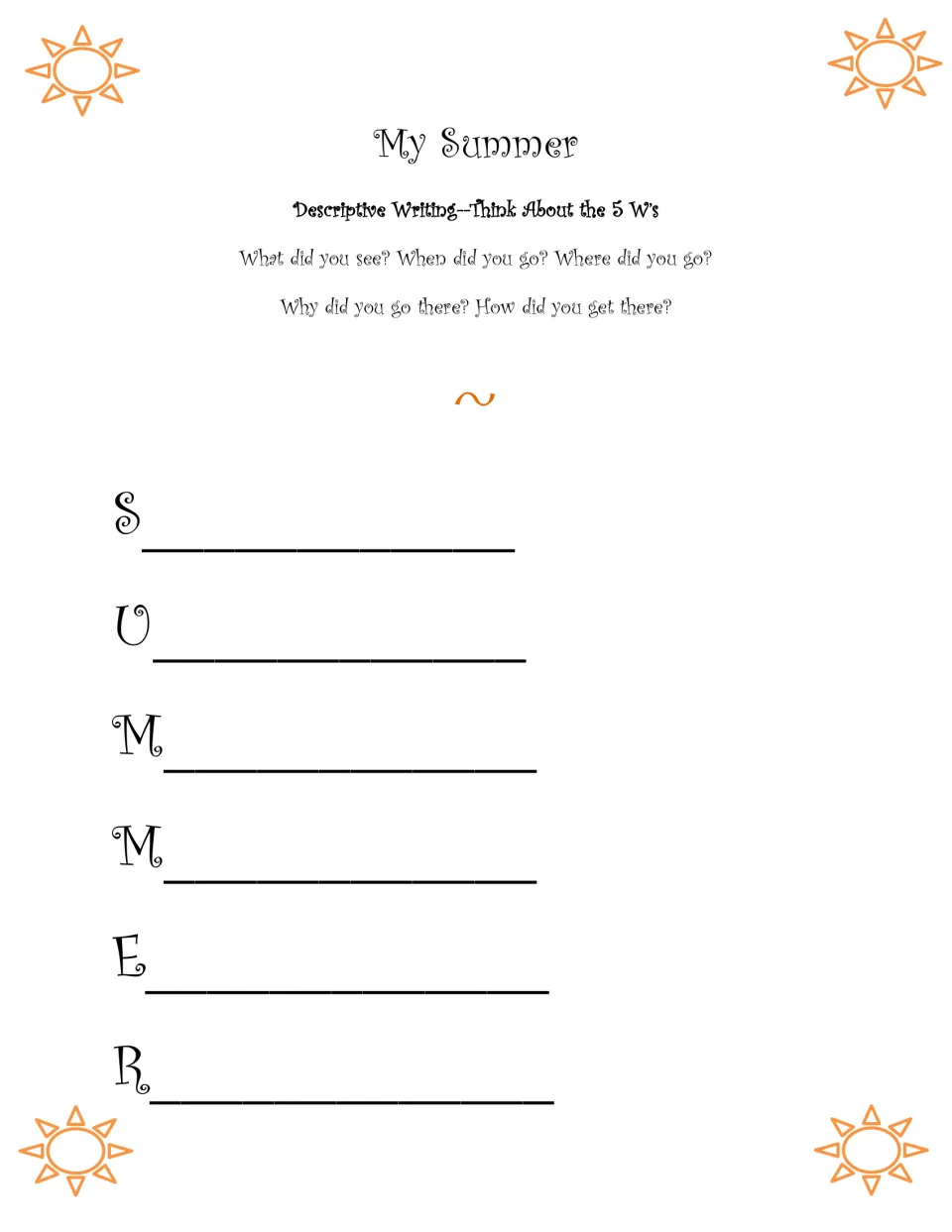 My Summer acrostic sheet uses SUMMER and asks what students saw, when and where they went, why and how