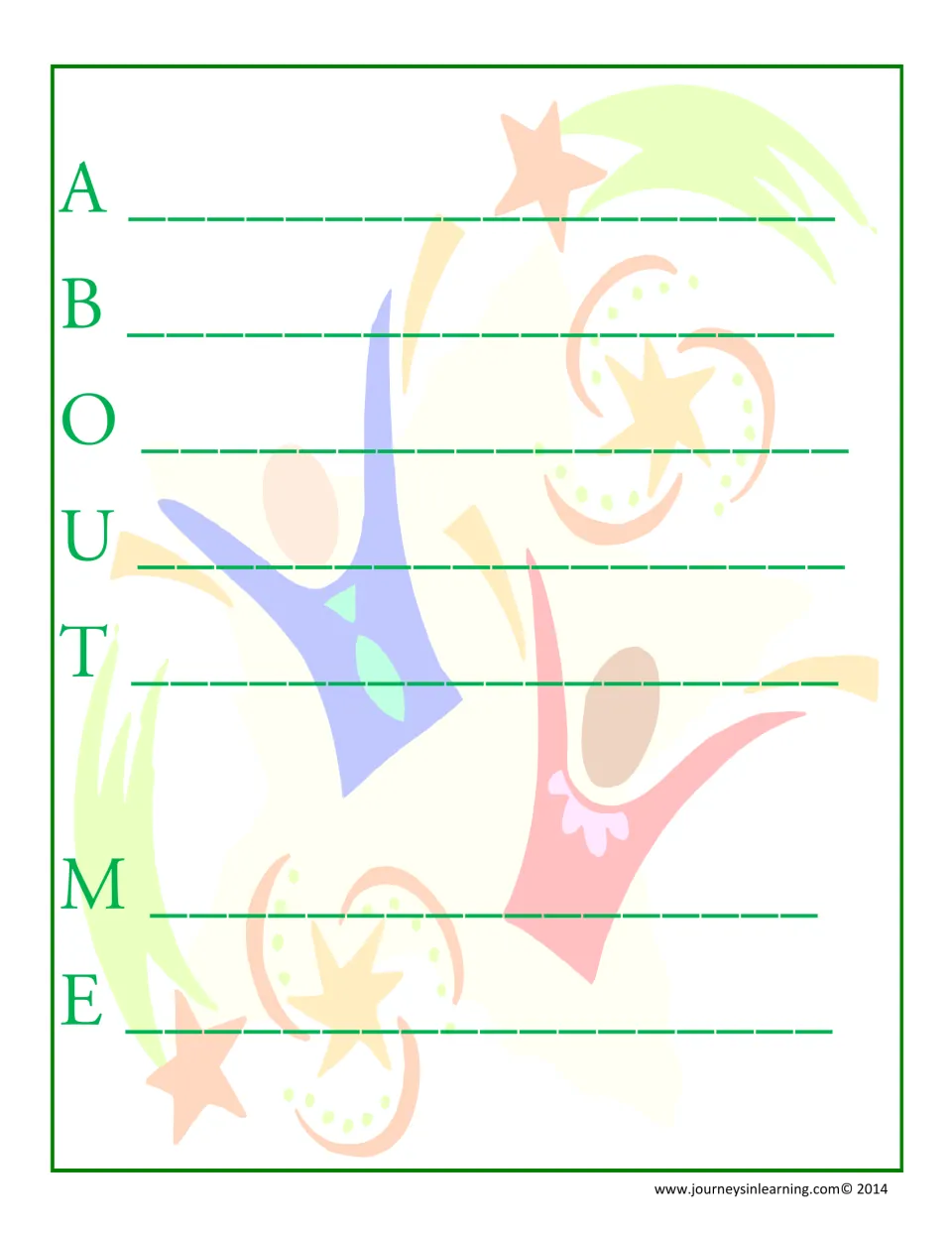 About Me acrostic writing sheet provides the letters A, B, O, U, T, M, E for students to describe themselves