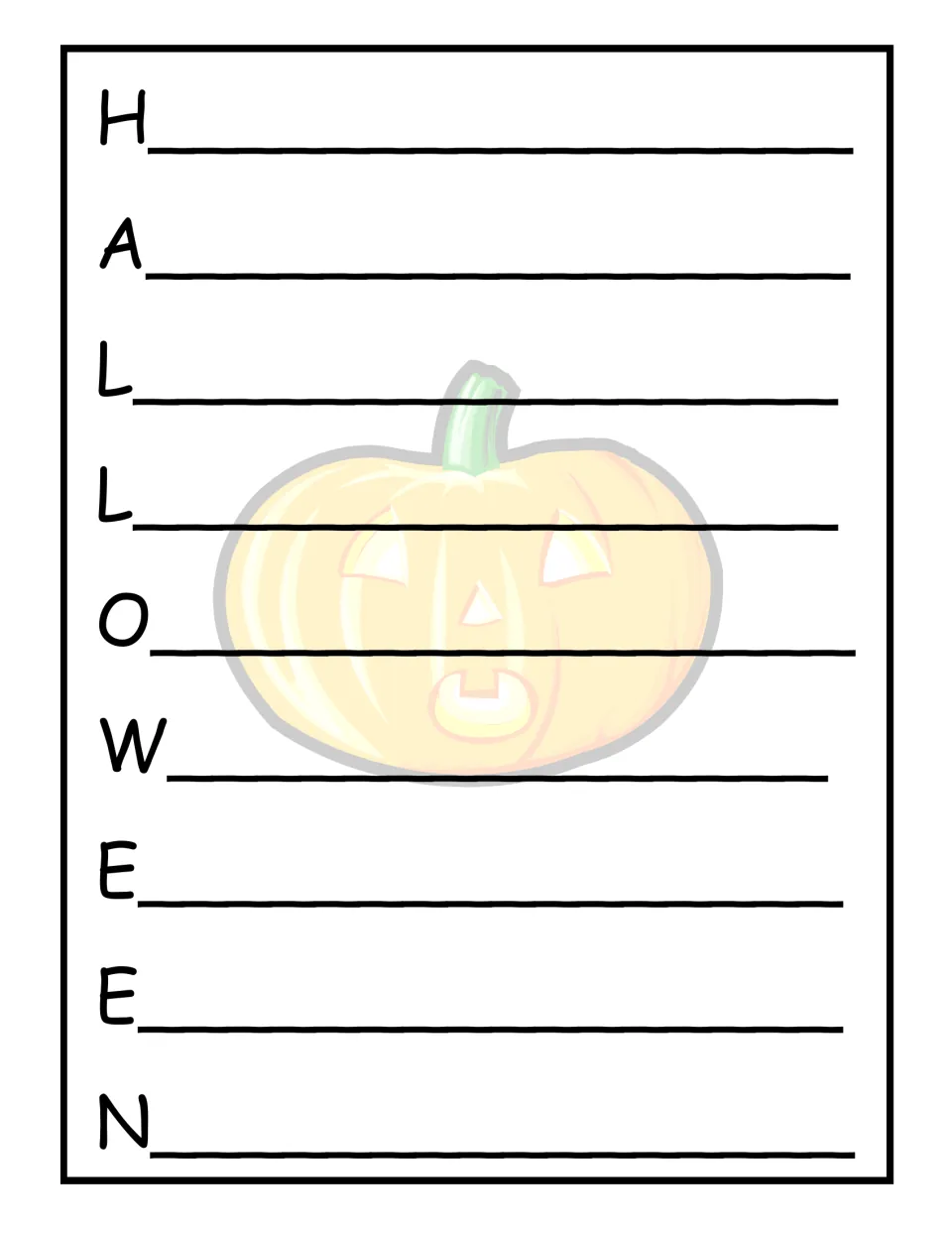 Halloween acrostic writing sheet provides the letters in HALLOWEEN for students to describe the holiday