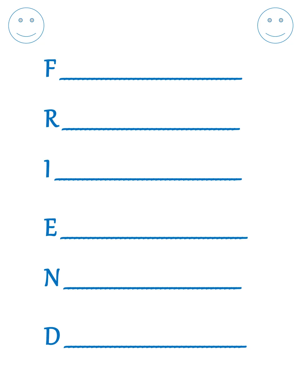 Friend acrostic writing sheet provides the letters F, R, I, E, N, D for words, phrases or sentences