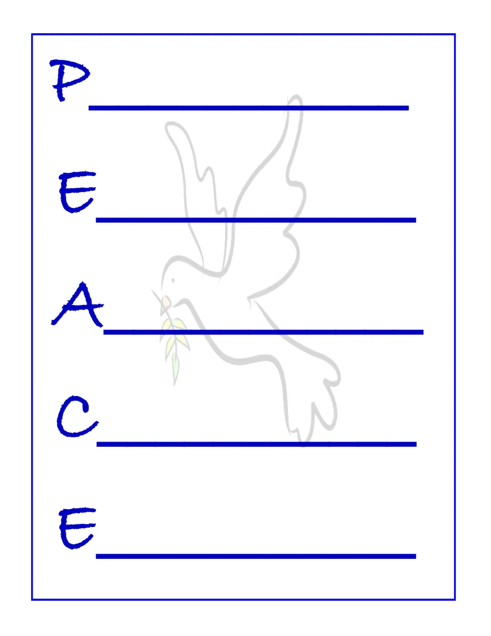 Peace acrostic writing sheet provides the letters P, E, A, C, E for students to describe the topic