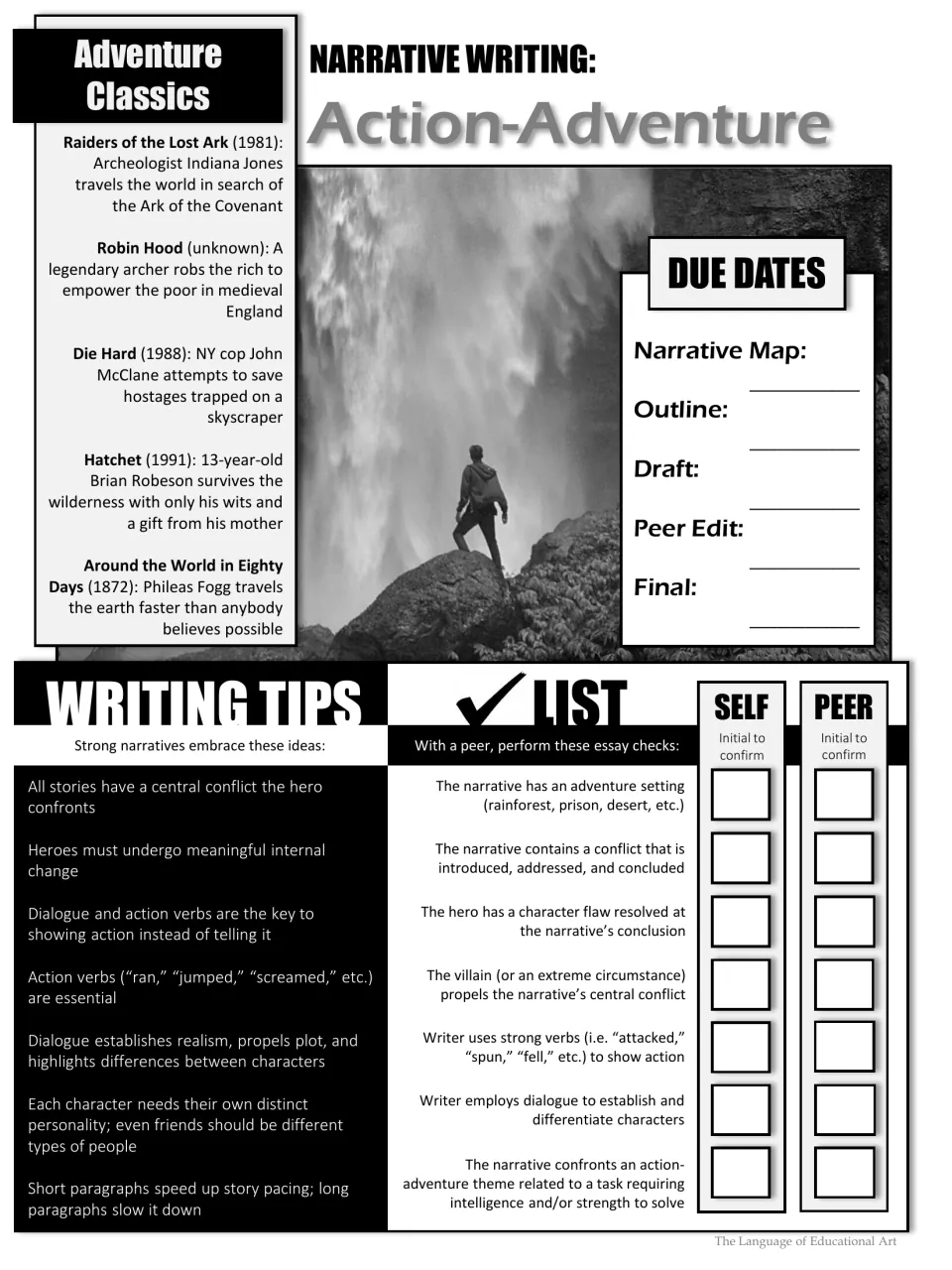 Grayscale action-adventure overview listing adventure classics, due dates, writing tips and a self and peer checklist