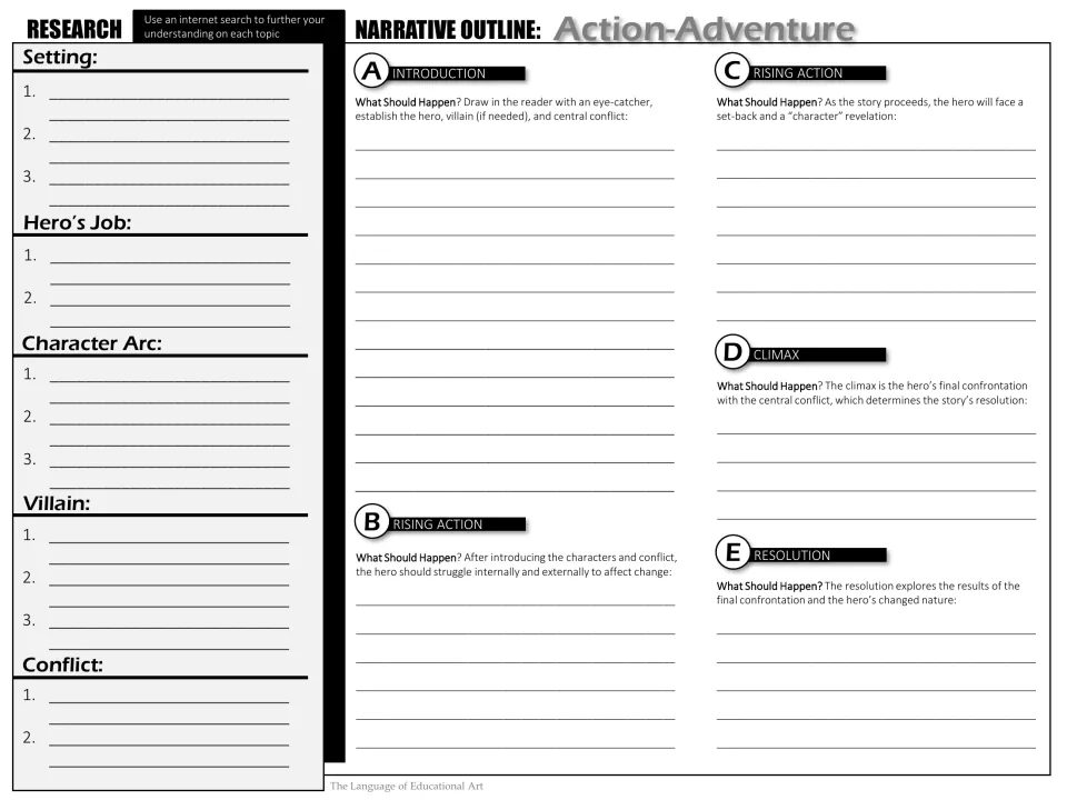 Grayscale narrative outline: research notes on setting, hero and villain plus what happens in each of the five plot stages