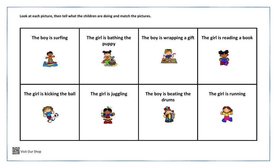 More action sentences to say and match: a boy surfing, a girl bathing the puppy, kicking a ball, juggling, beating drums