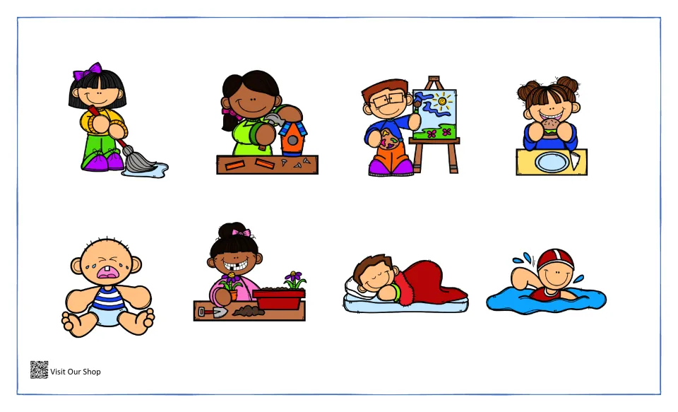Unlabeled action pictures to match to page 1: mopping, building, painting, eating, crying, gardening, sleeping, swimming