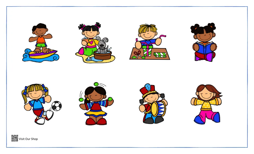 Action pictures to match to page 2: surfing, bathing a puppy, wrapping a gift, reading, kicking, juggling, drumming, running