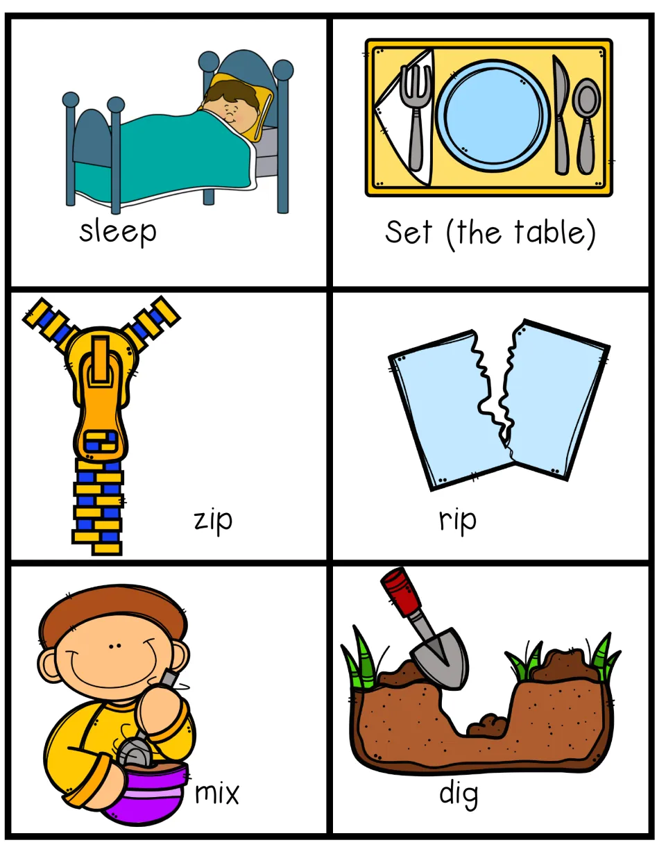 Verb charades cards: six picture cards for acting out sleep, set the table, zip, rip, mix and dig