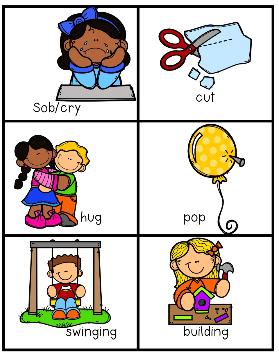 Action verb cards to act out: sob/cry, cut, hug, pop, swinging and building, each with a picture clue