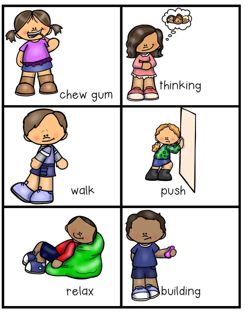Charades cards showing kids who chew gum, think, walk, push, relax and build for students to mime