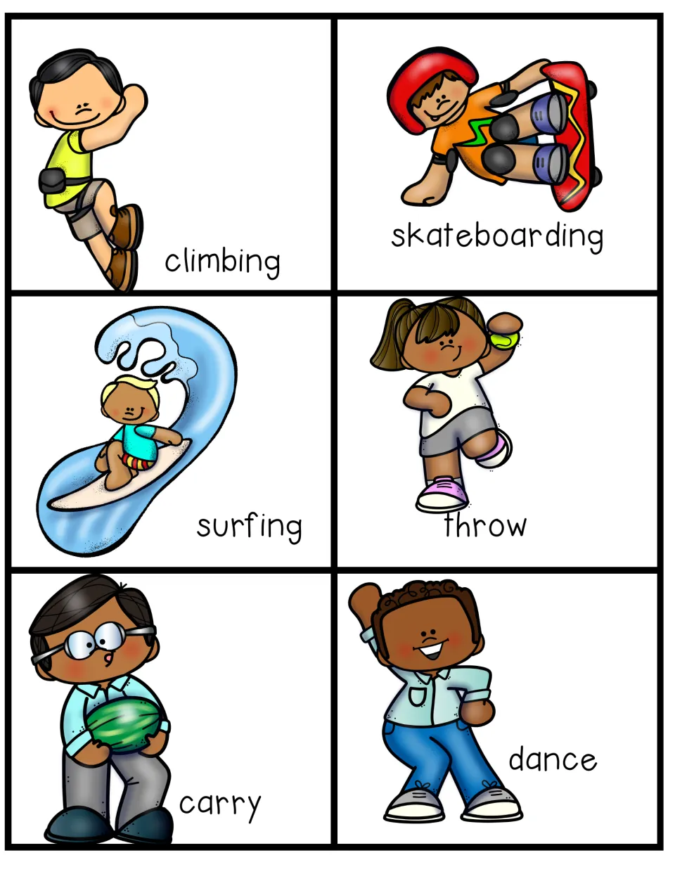 Sports and movement verb cards: climbing, skateboarding, surfing, throw, carry and dance to act out