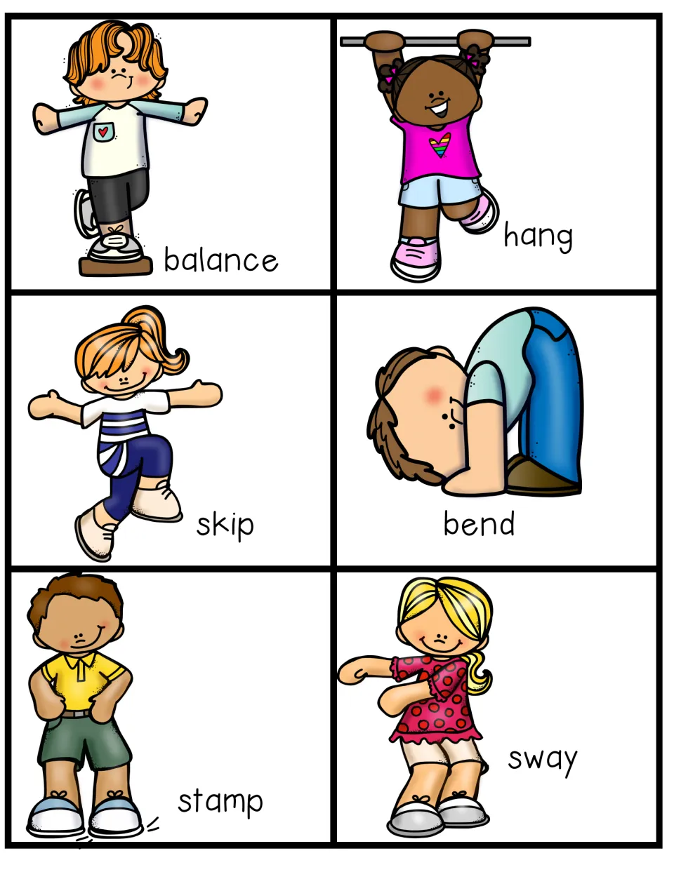 Body movement verbs to mime: balance, hang, skip, bend, stamp and sway, each card with a pictured child