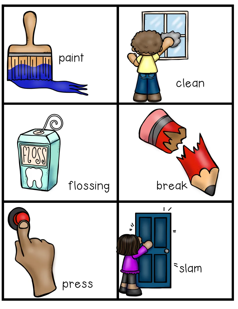 Everyday action cards for charades: paint, clean, flossing, break, press and slam with picture clues