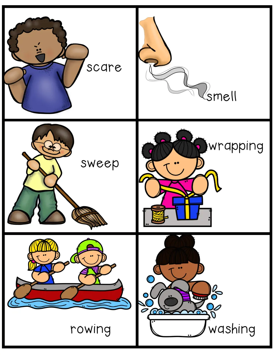Verb cards for acting out scare, smell, sweep, wrapping, rowing and washing, each labelled under a picture