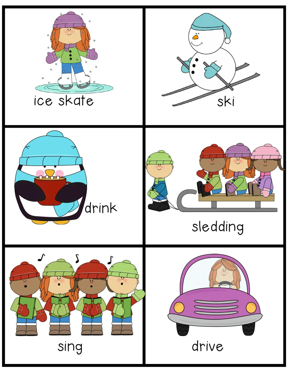 Winter action verbs to act out: ice skate, ski, drink, sledding, sing and drive on picture cards
