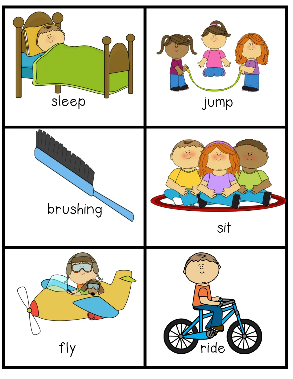 Picture verb cards for sleep, jump, brushing, sit, fly and ride that students take turns acting out