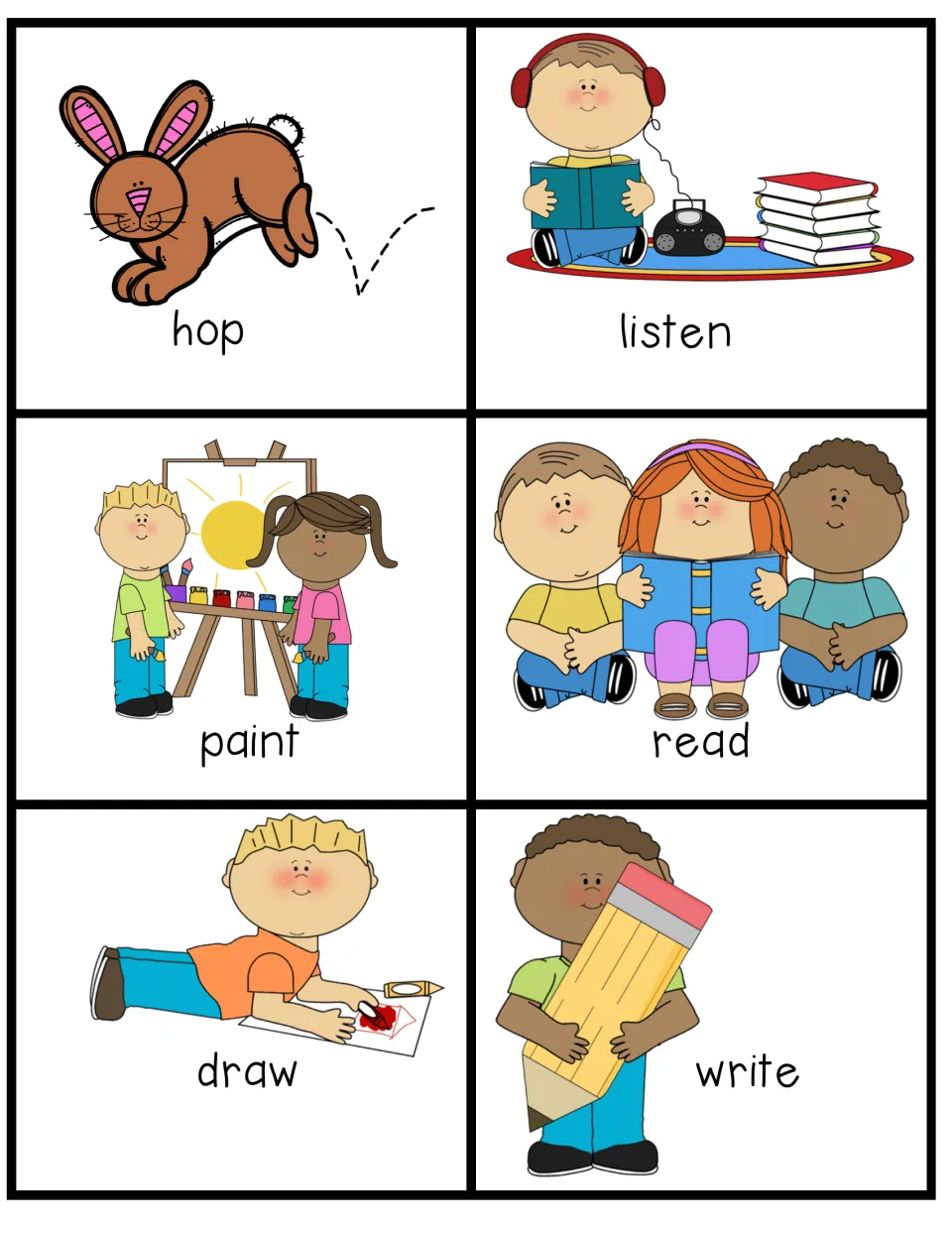 Classroom action verbs to mime: hop, listen, paint, read, draw and write, each card with an illustration