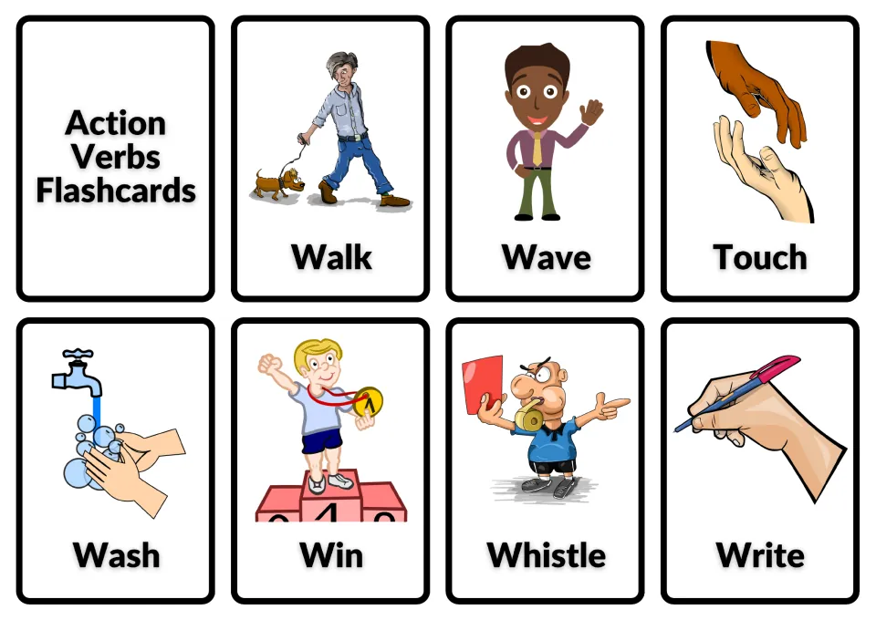 Action verb flashcards title card with picture cards for walk, wave, touch, wash, win, whistle and write