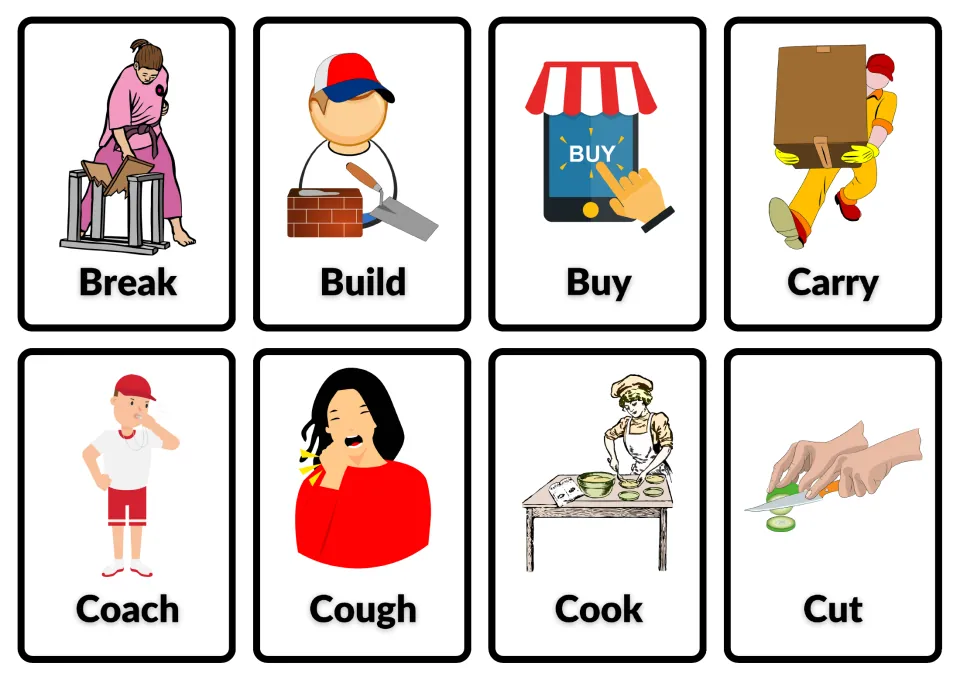 Action verb picture cards for break, build, buy, carry, coach, cough, cook and cut; students match words to actions