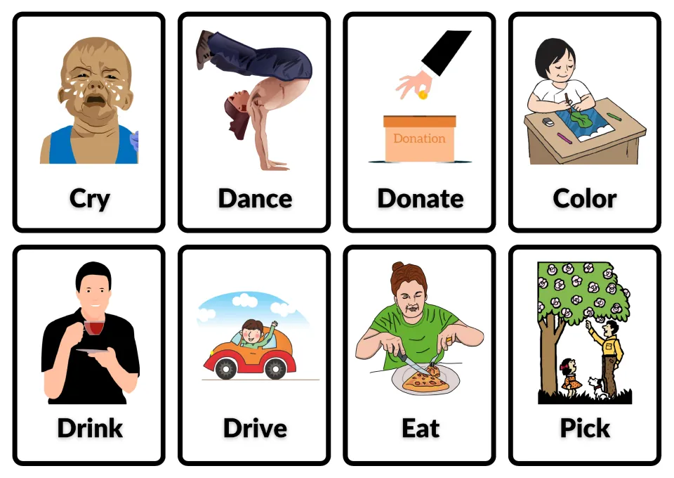 Action verb picture cards for cry, dance, donate, color, drink, drive, eat and pick, naming each pictured action