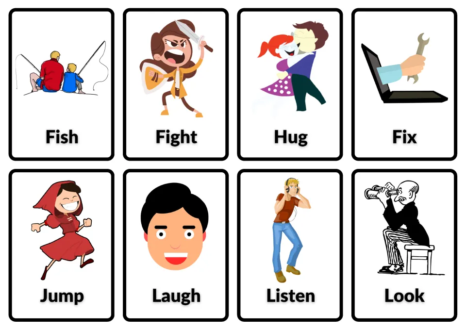 Action verb picture cards for fish, fight, hug, fix, jump, laugh, listen and look, pairing each word with an image