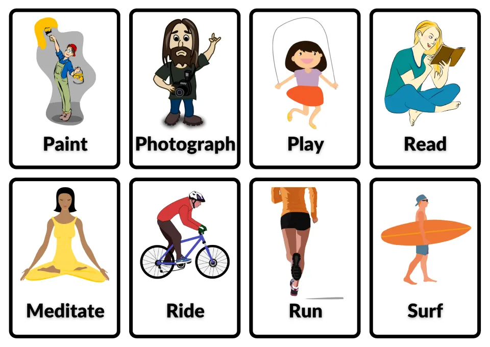 Action verb picture cards for paint, photograph, play, read, meditate, ride, run and surf to build vocabulary