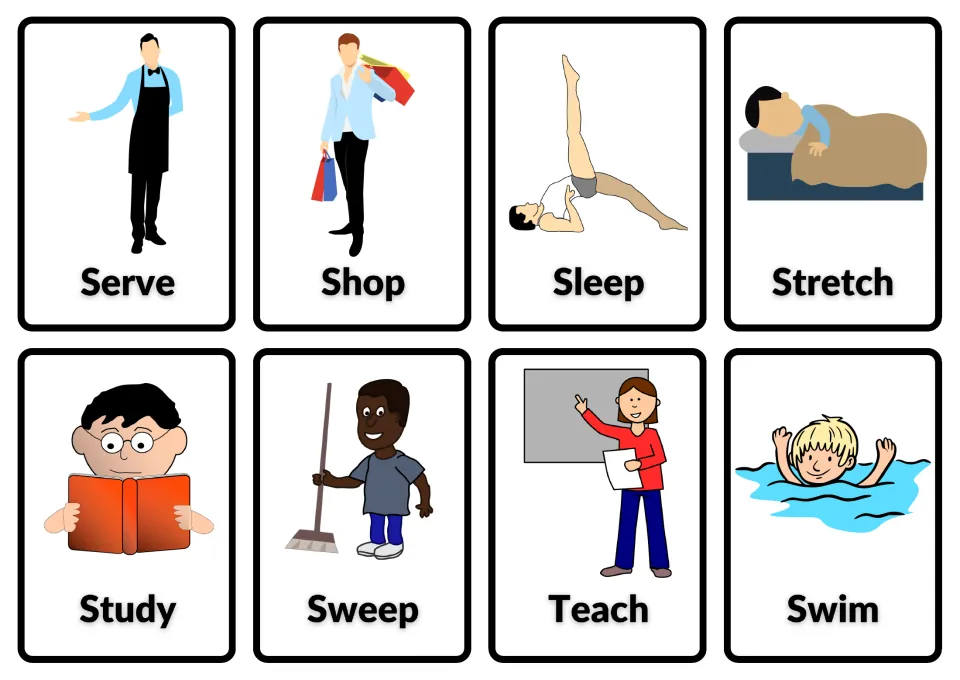 Action verb picture cards for serve, shop, sleep, stretch, study, sweep, teach and swim with a labeled illustration each