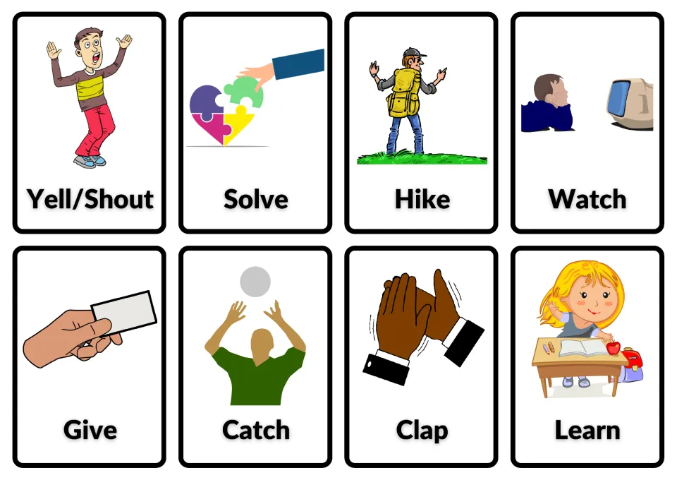 Action verb picture cards for yell/shout, solve, hike, watch, give, catch, clap and learn, each with its word label