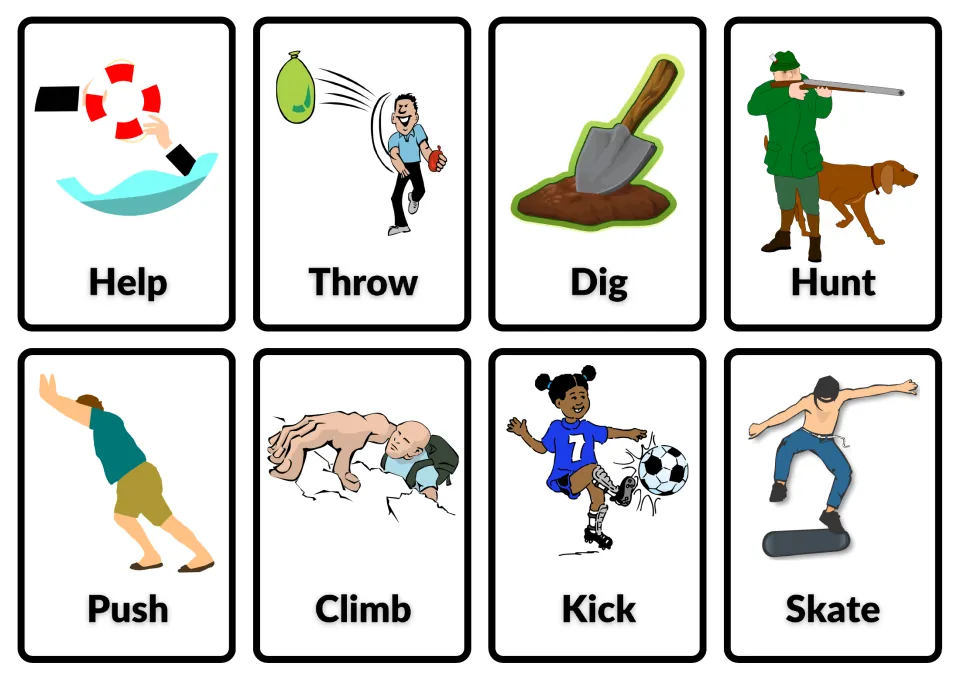 Action verb picture cards for help, throw, dig, hunt, push, climb, kick and skate, showing one pictured action each