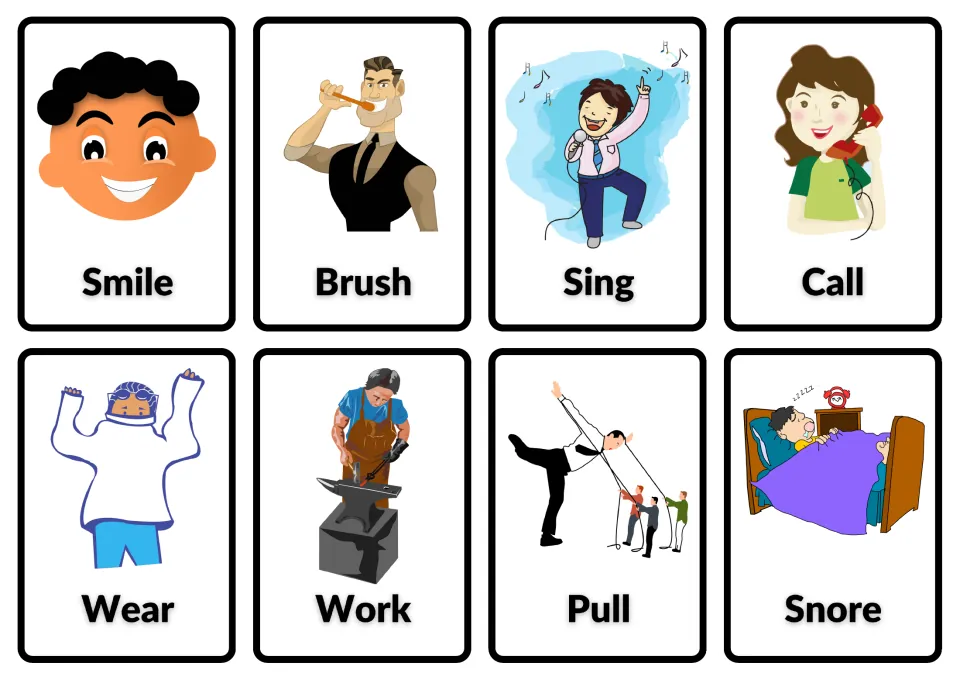 Action verb picture cards for smile, brush, sing, call, wear, work, pull and snore, with the word under each picture