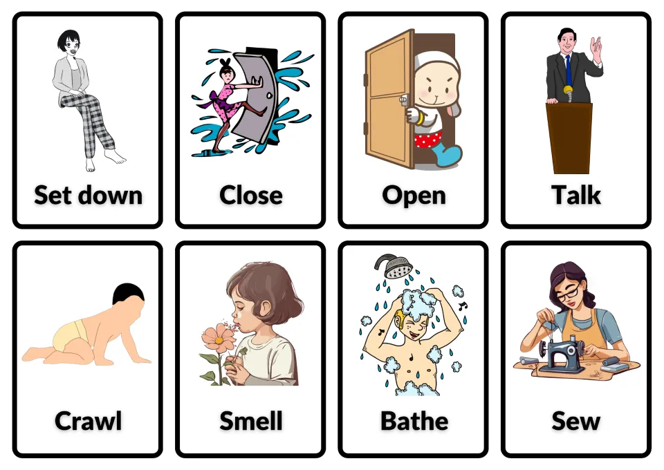 Action verb picture cards for set down, close, open, talk, crawl, smell, bathe and sew, each with an illustrated action