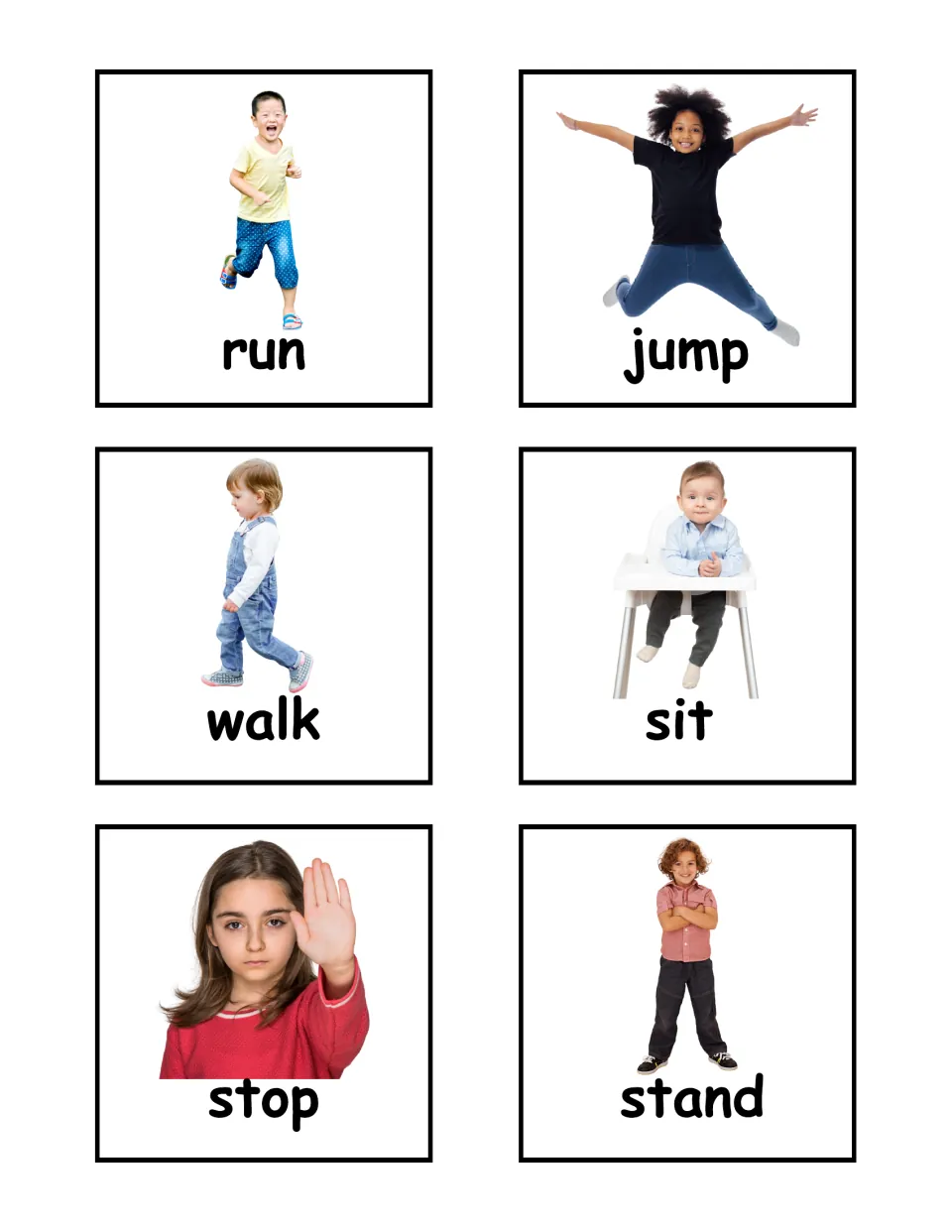 Action verb photo flashcards 1–6 of the labeled set: run, jump, walk, sit, stop, and stand, each pictured.