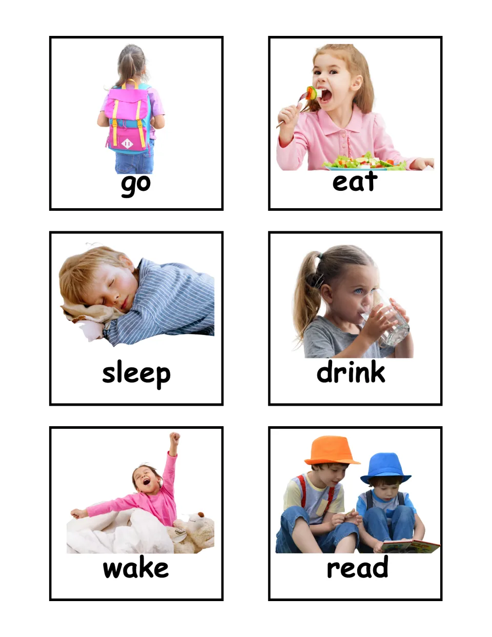 Action verb photo flashcards 7–12 of the labeled set: go, eat, sleep, drink, wake, and read, each pictured.