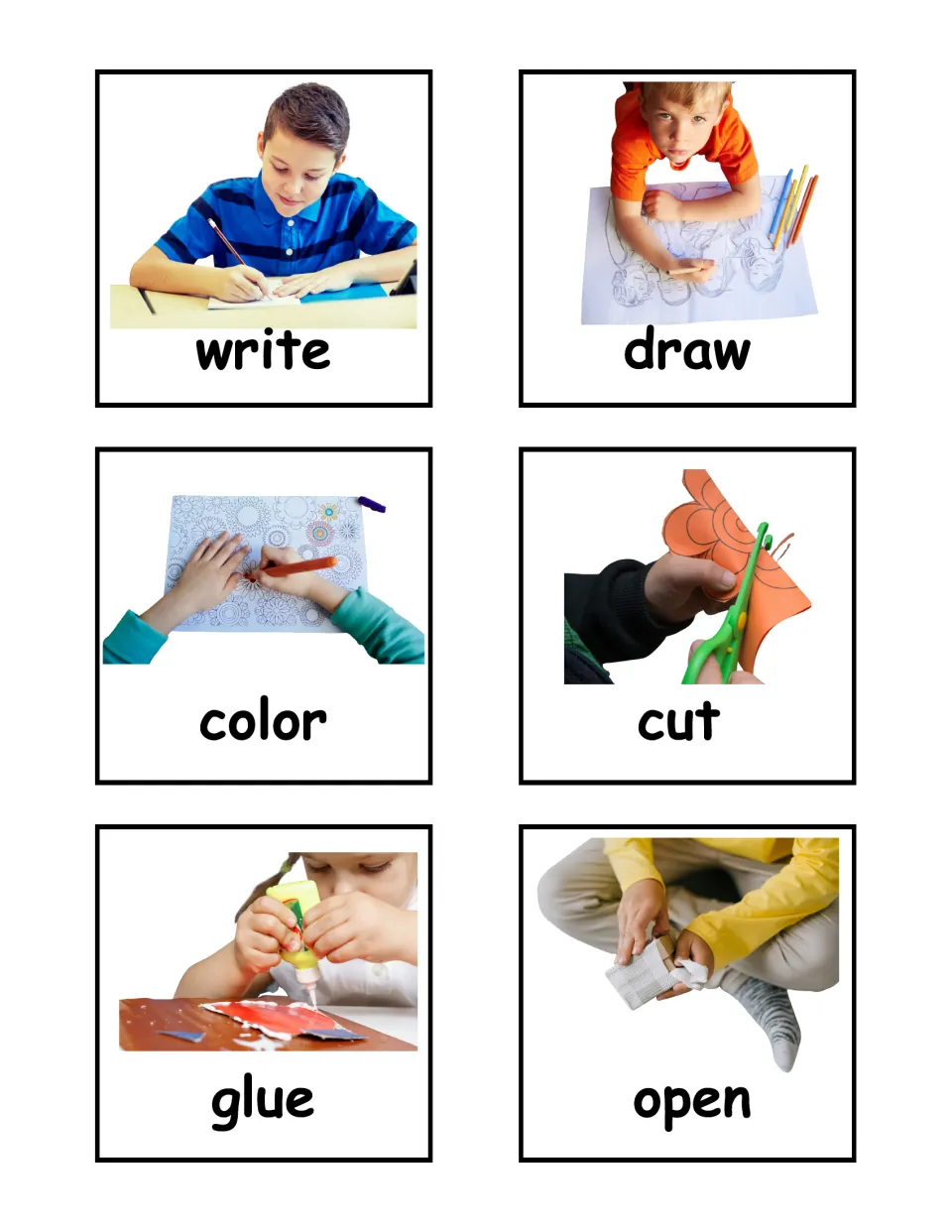 Action verb photo flashcards 13–18 of the labeled set: write, draw, color, cut, glue, and open.