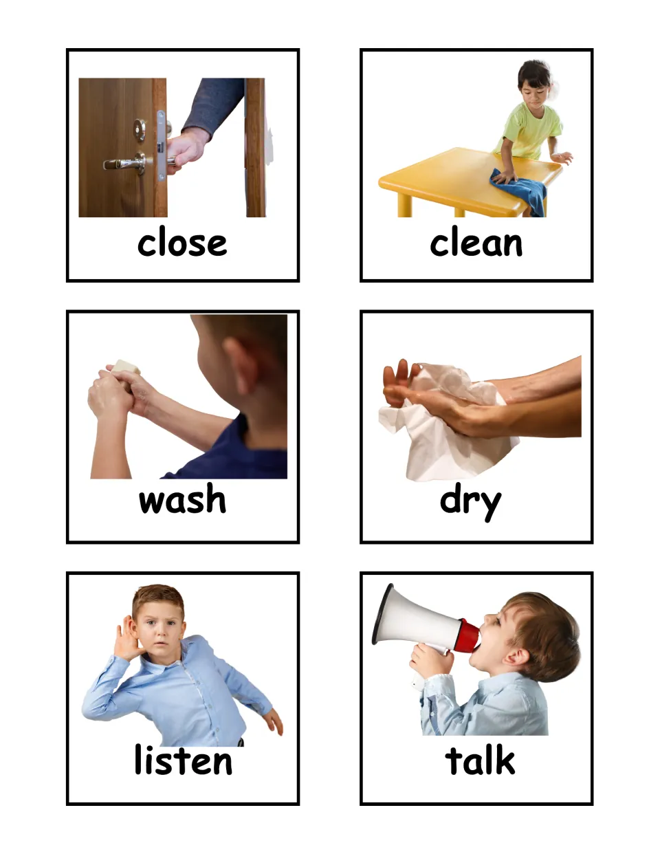 Action verb photo flashcards 19–24 of the labeled set: close, clean, wash, dry, listen, and talk.