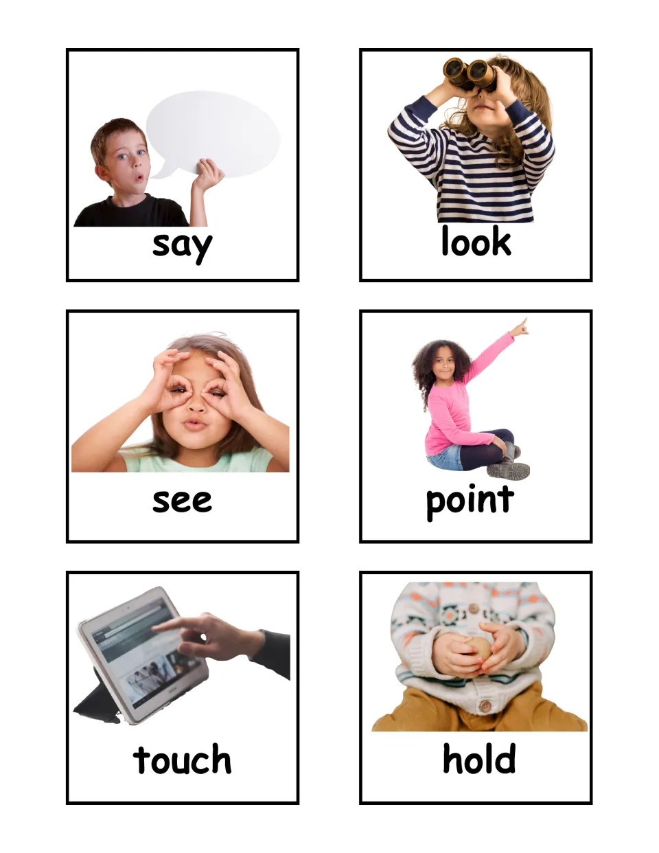 Action verb photo flashcards 25–30 of the labeled set: say, look, see, point, touch, and hold.