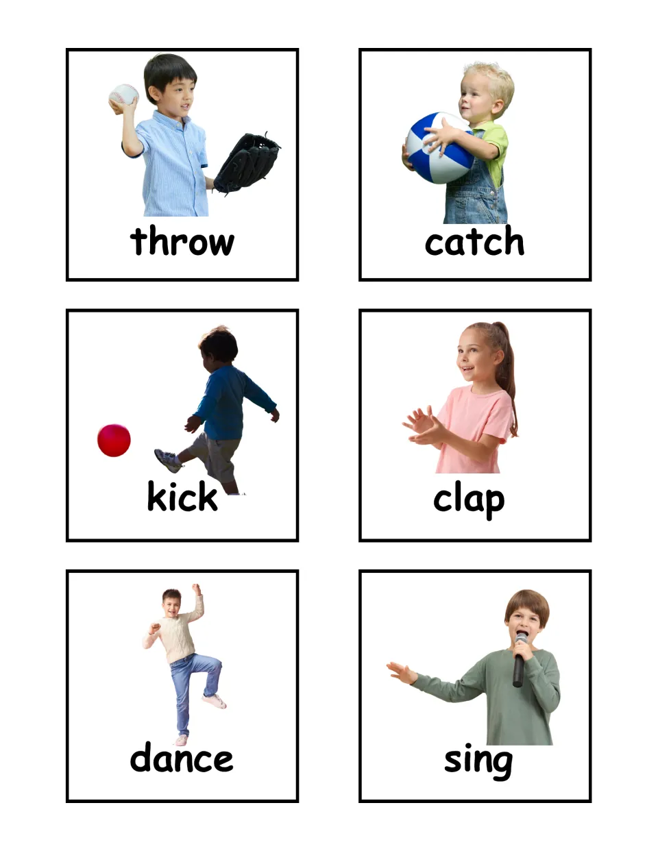 Action verb photo flashcards 31–36 of the labeled set: throw, catch, kick, clap, dance, and sing.