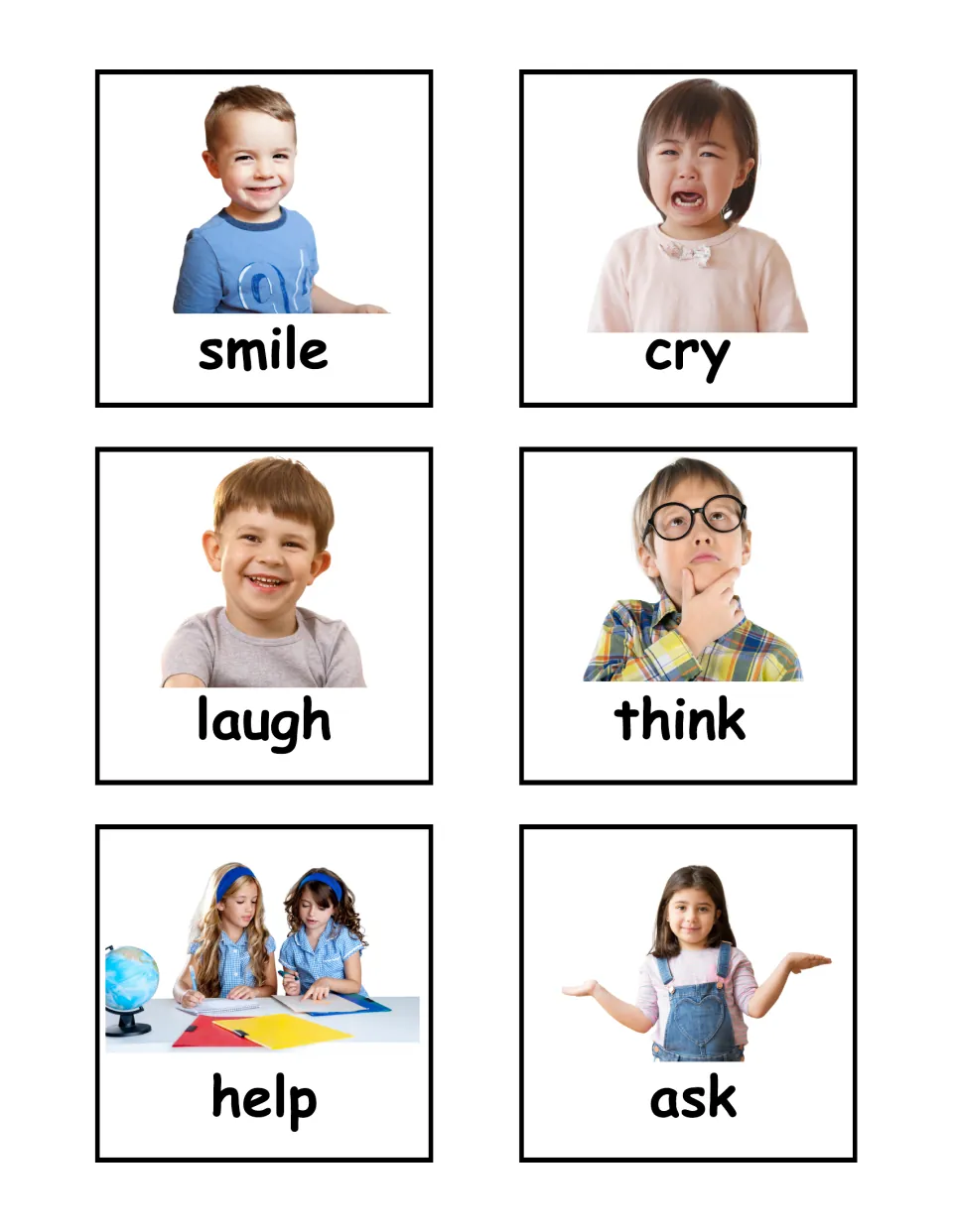 Action verb photo flashcards 37–42 of the labeled set: smile, cry, laugh, think, help, and ask.
