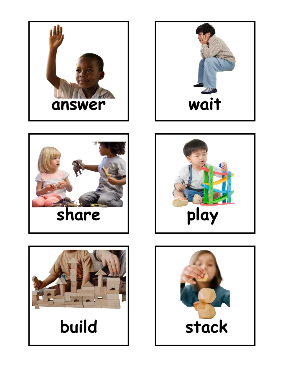 Action verb photo flashcards 43–48 of the labeled set: answer, wait, share, play, build, and stack.