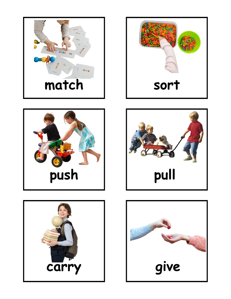 Action verb photo flashcards 49–54 of the labeled set: match, sort, push, pull, carry, and give.