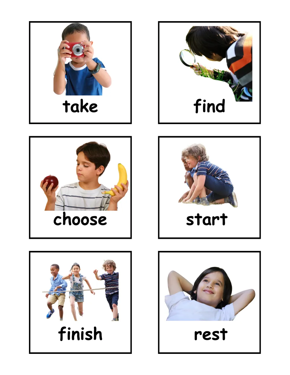 Action verb photo flashcards 55–60 of the labeled set: take, find, choose, start, finish, and rest.