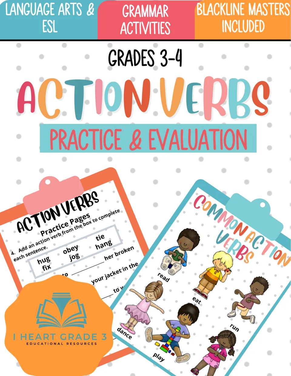 Action Verbs Practice & Evaluation cover, Grades 3-4, previewing a verb picture chart and a fill-in practice page