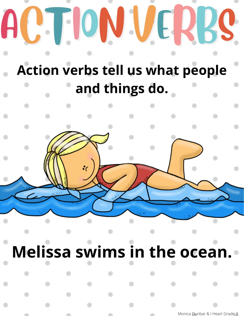 Color definition poster: verbs tell what people and things do, with a swimmer and 'Melissa swims in the ocean.'