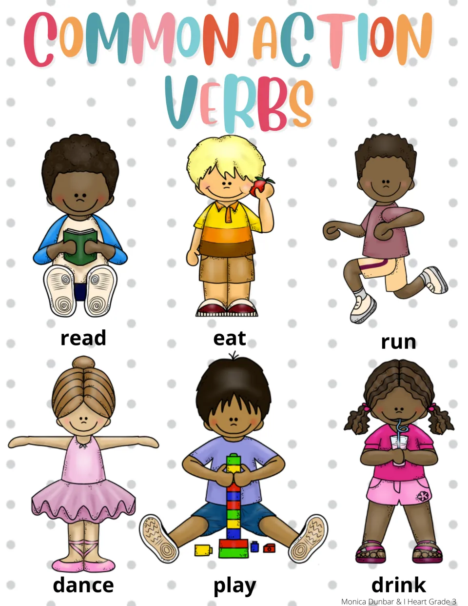 Color chart of common verbs: children labeled read, eat, run, dance, play and drink, each acting out the word
