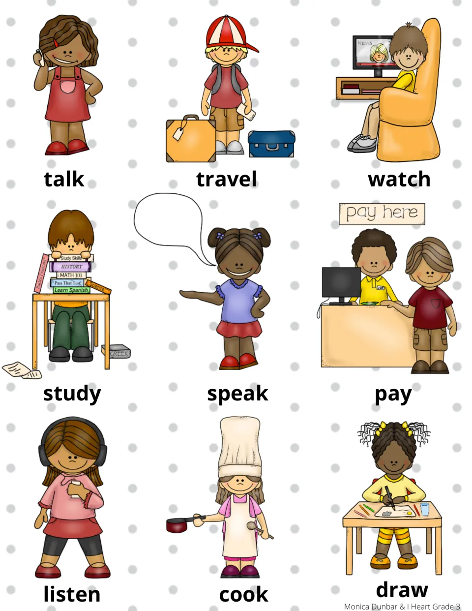 Color picture cards for nine verbs: talk, travel, watch, study, speak, pay, listen, cook and draw, each shown by a child