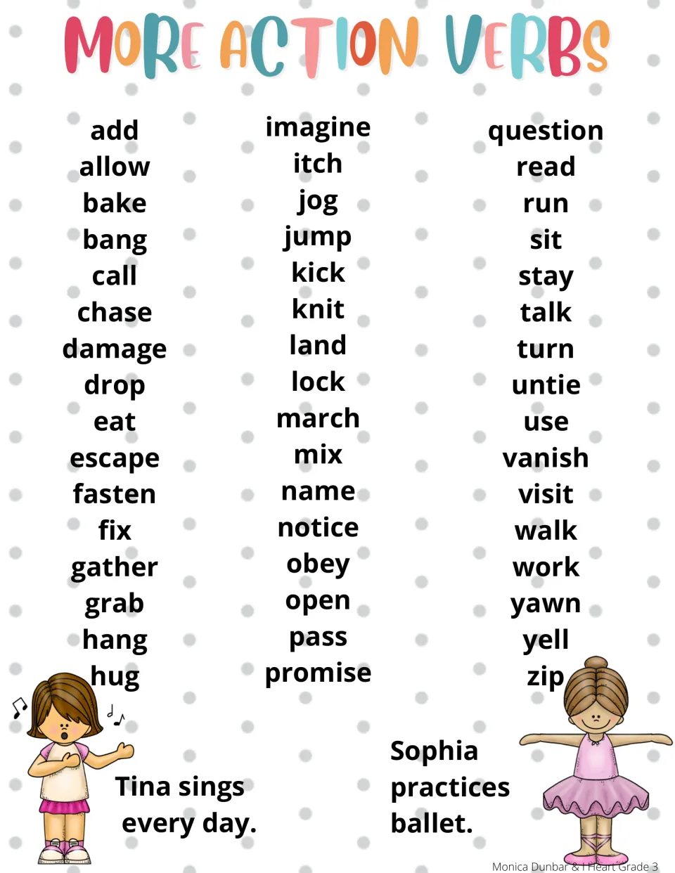 More verbs word list in color, add to zip, with example sentences 'Tina sings every day.' and 'Sophia practices ballet.'