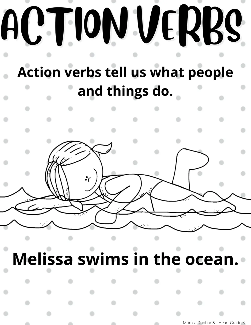 Blackline definition page to color: verbs name what people and things do, as in 'Melissa swims in the ocean.'