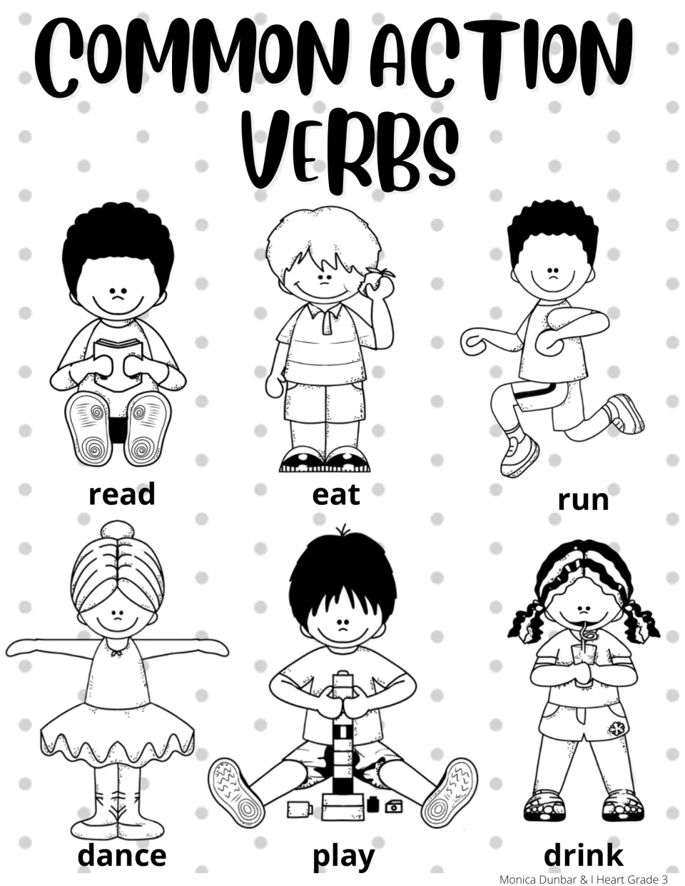 Blackline common verbs chart: outline drawings of children who read, eat, run, dance, play and drink, each verb labeled